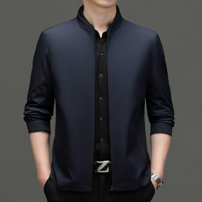 Men's High-end Stand-up Collar Mulberry Silk Jacket Spring and Autumn New Middle-aged Solid Color Casual Thin Jacket Dad Style Men's Clothing