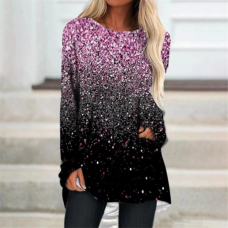 

Женская футболка больших размеров с блестящим принтом, удобная, с длинным рукавом, круглым вырезом, повседневная, свободного кроя, средней длины 8XL розовый