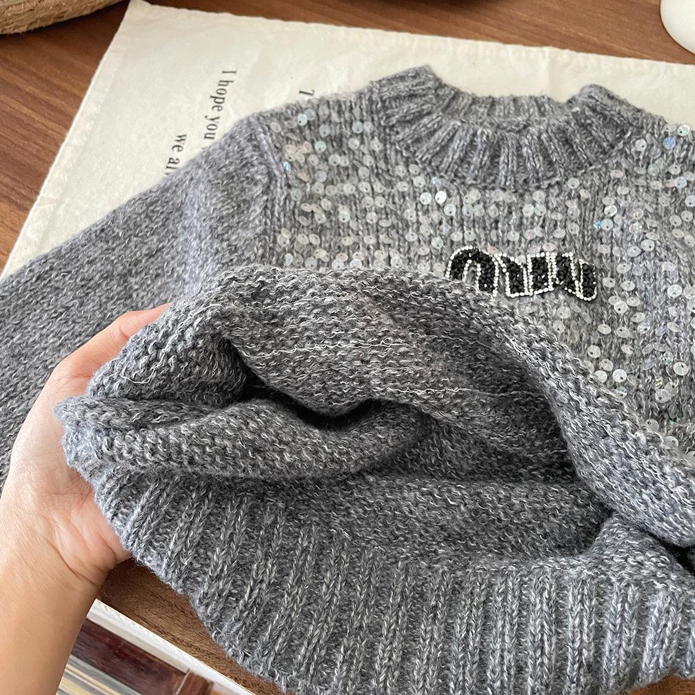 Girls' clothing autumn and winter new pullover top girls trendy heavy industry sequined letter embroidered sweater