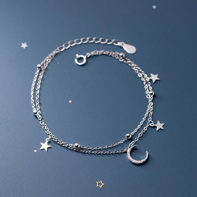 Fashion Genuine 925 Sterling Silver Double Layer Beads Chain Moon Star Charm Bracelets for Women Wedding Valentine's Day Jewelry