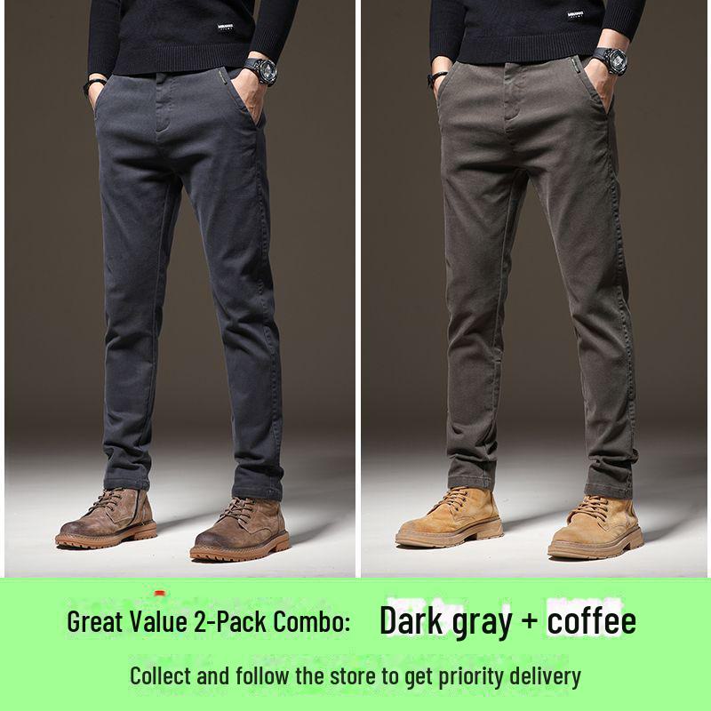 

2024 Мужские узкие прямые повседневные брюки — плотные, эластичные, теплые, высококачественный деловой стиль для осени и зимы 33 кофейный/темно-серого