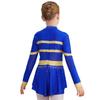 Girls One Piece Cheerleader Costume Long Sleeve Mesh Patchwork Shiny Diamonds Cheerleading Bodysuit