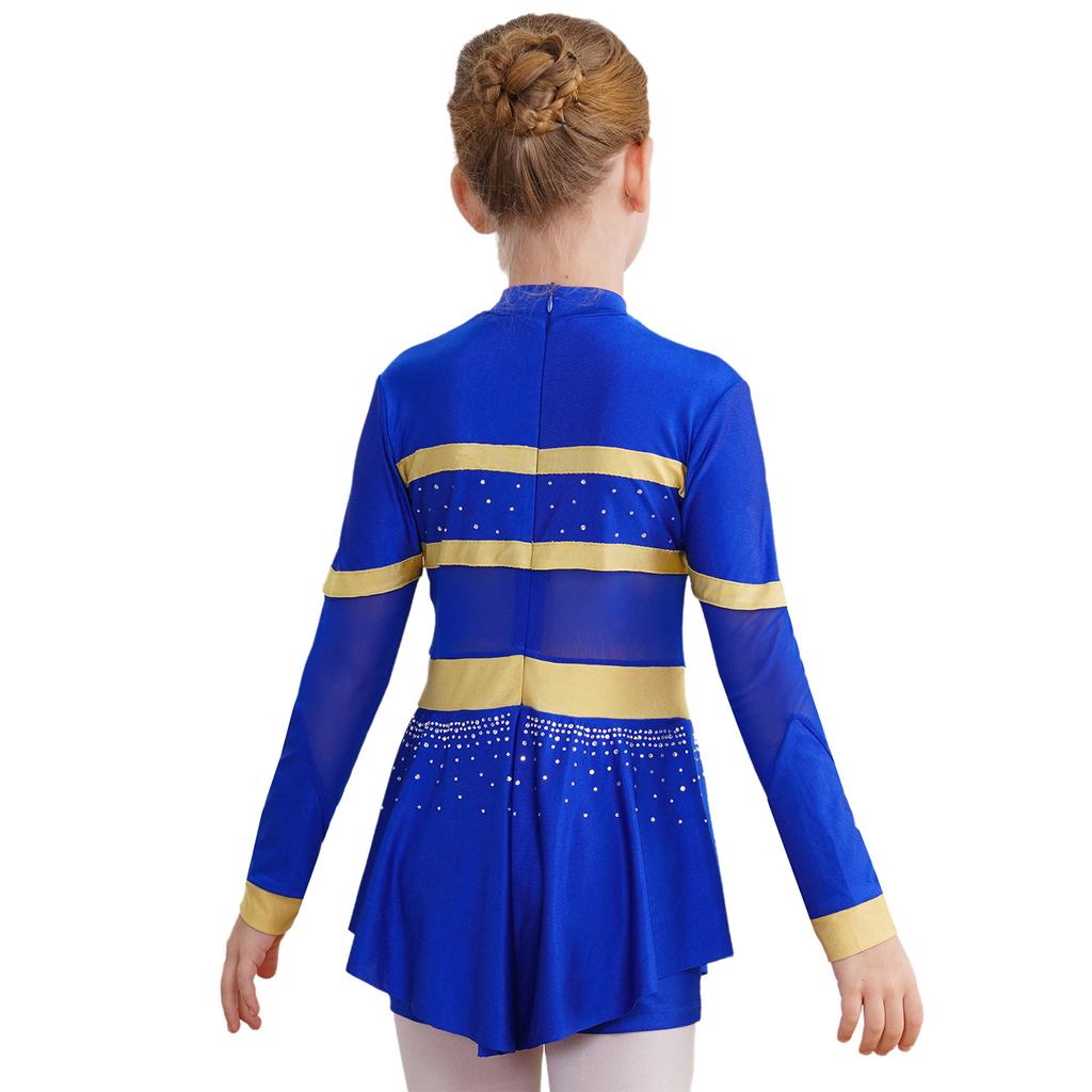 Girls One Piece Cheerleader Costume Long Sleeve Mesh Patchwork Shiny Diamonds Cheerleading Bodysuit
