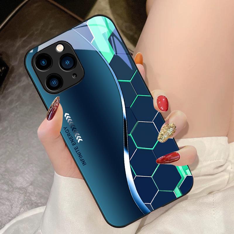 Flowing Light Honeycomb Dark Blue For IPhone 15 Pro 14 13 12 Mini 11 XS Max XR 7 8 Plu SE 2020 2022 Tempered Glass Phone Case