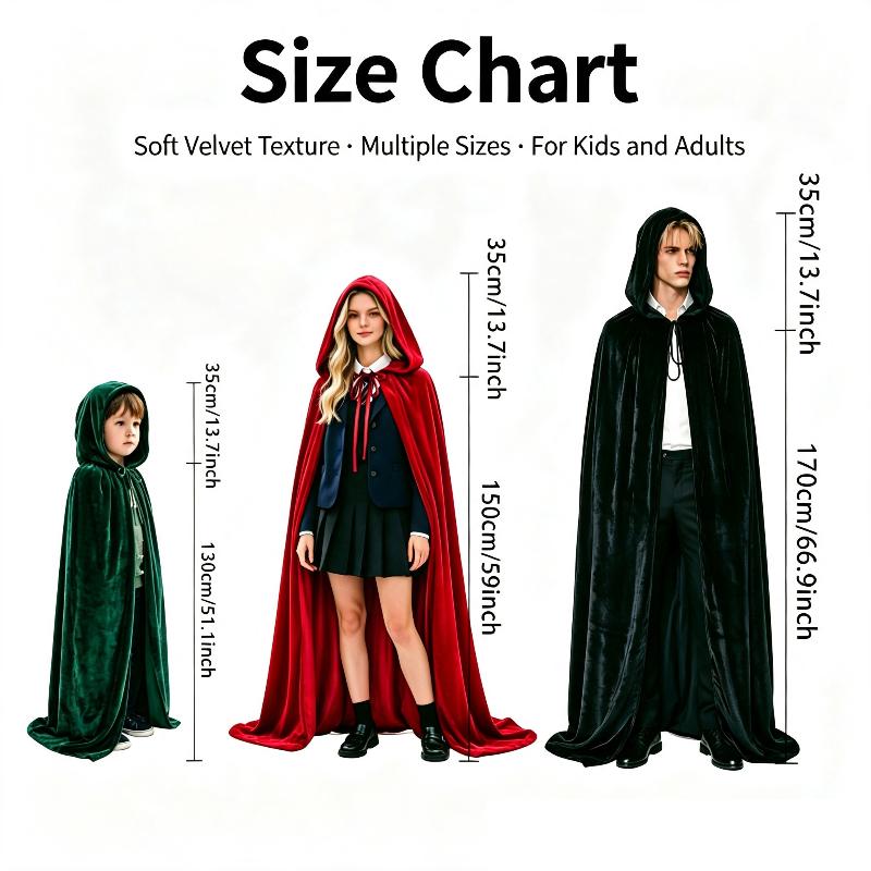 Hooded Velvet Cape Solid Color Long Cloak Halloween Cosplay Wizard Gothic Party Costume For Adults Kids