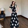 Summer French Retro Black Floral V-Neck Lace Dress with Slimming Waist and Wide Hem