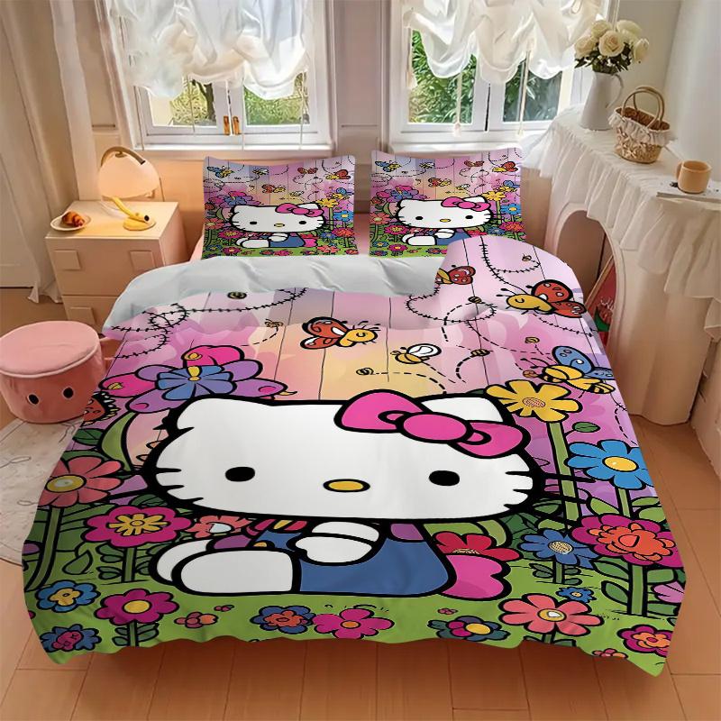 3pcs Flowers and Butterflies Hello Kitty Pattern Bedding Three-Piece Set (1 Cover + 2 Pillowcases, No Fillings), Soft and Comfortable S021