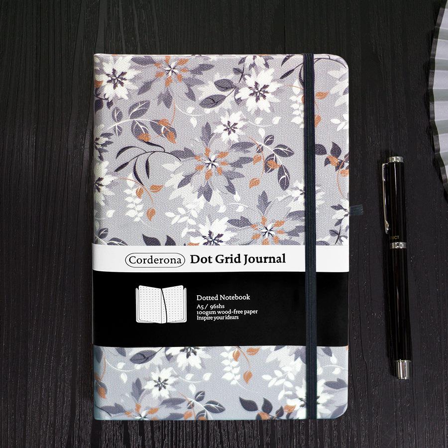 A5 Grey Floral Bullet Journal with Elastic Band & Pocket - Dot Grid & Lined Notebook Planner, Hardcover