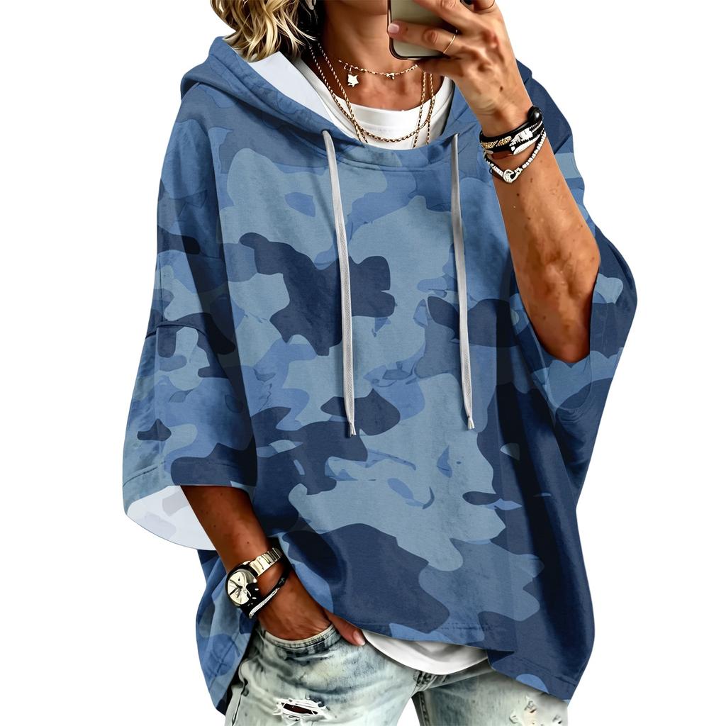 Women's Print Three-Quarter Sleeve Hooded Pullover Top Casual Fashion