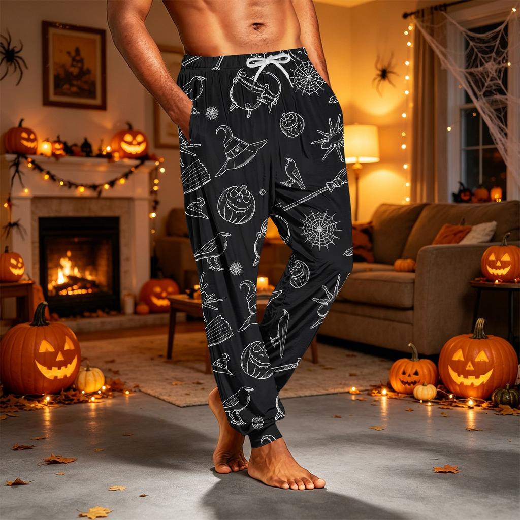 Men's Casual Pajama Pants with Pockets - Halloween Print