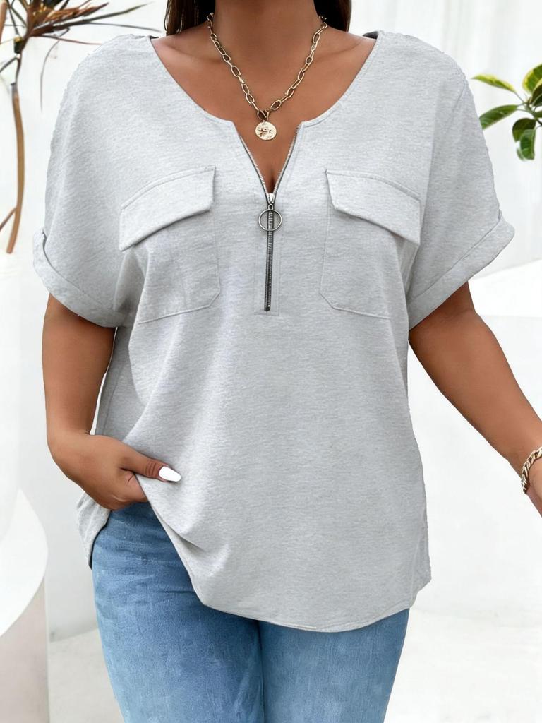 2026 Spring-Summer Solid Color Plus Size Women's Zipper Pocket Short Sleeve Loose T-Shirt