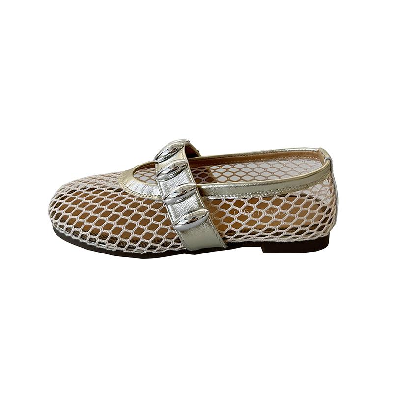 Fashion Hollow Fishnet Ballet Shoes Women's New Summer Flat Slip-on Metal Buckle One Strap Soft Sole Single Mesh Shoes