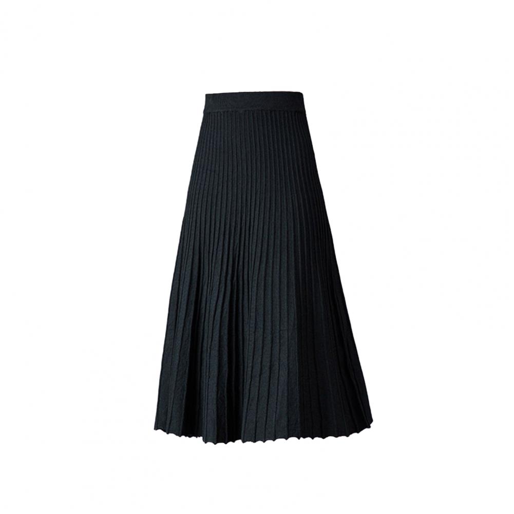 Women Pleated Skirt Elastic High Waist A-Line Midi Solid Color Mid-calf Length Skirt Thickened Commuting Style Skirt