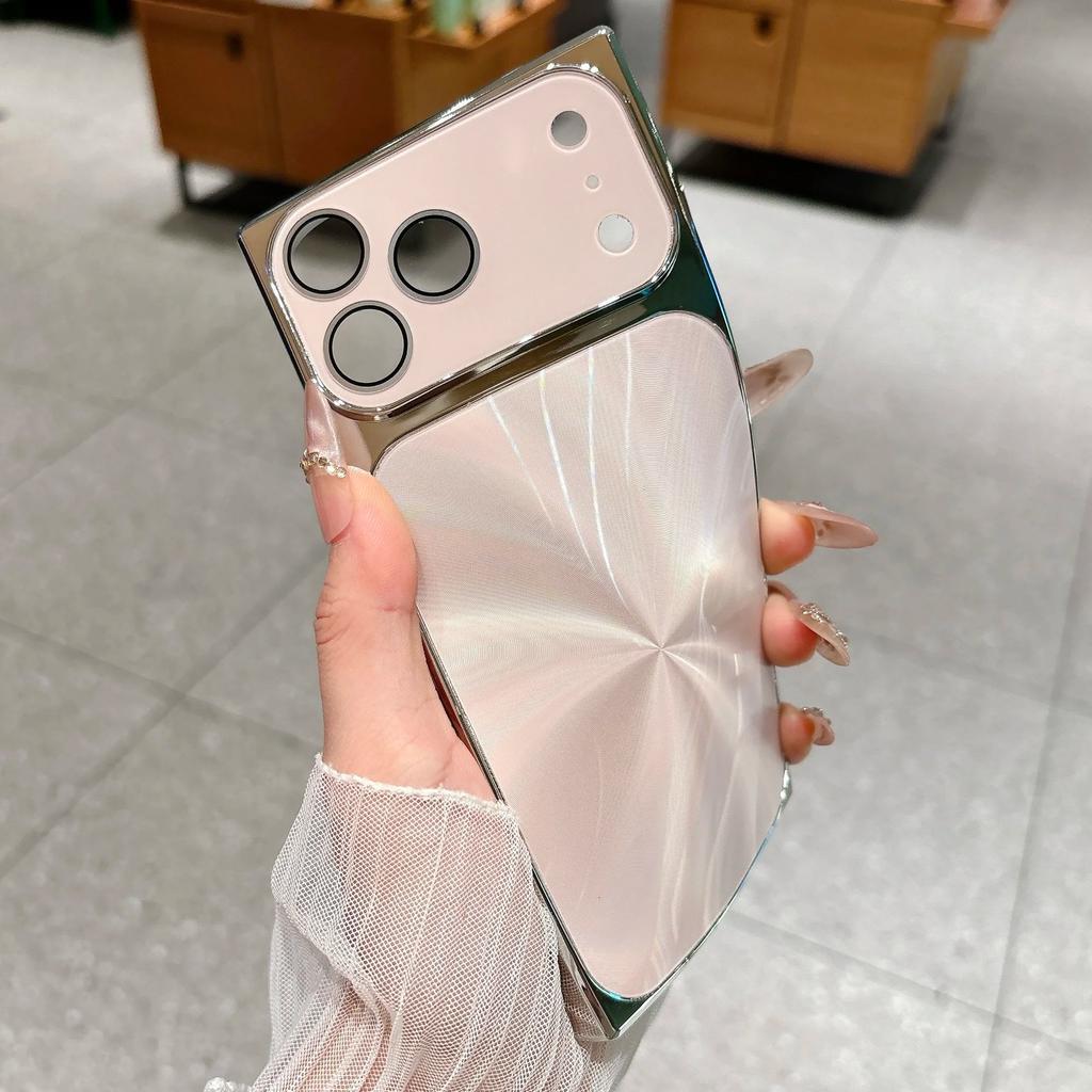 Straight Edge Aurora CD Texture Phone Case For iPhone 17 16 15 14 13 Pro Max Plus Glass Lens Protect Glossy Plating Soft Cover