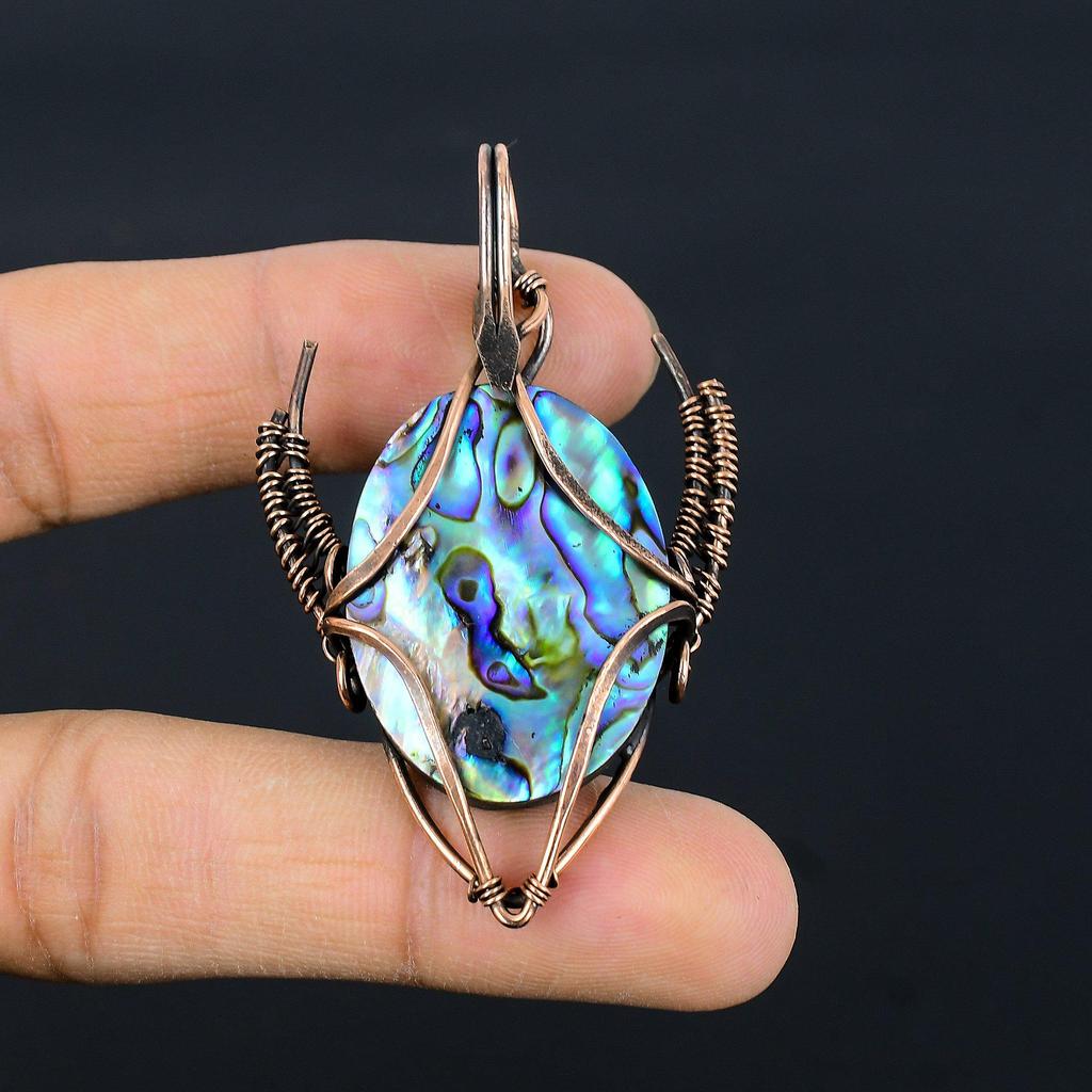 Abalone Shell 999 Copper Wire Wrapped Pendant, Handmade Gemstone Bull Face Pendant Jewelry, Gifts For Wife Brand New Pendant