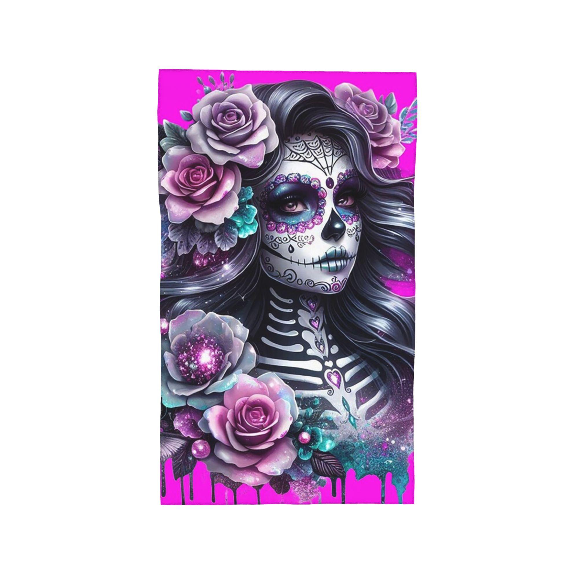 

Gothic Day of the Dead Girl with Roses Skull Soft Face Towel Quick Dry Pool Bath Cotton Towels Breathable W30*H60(CM)