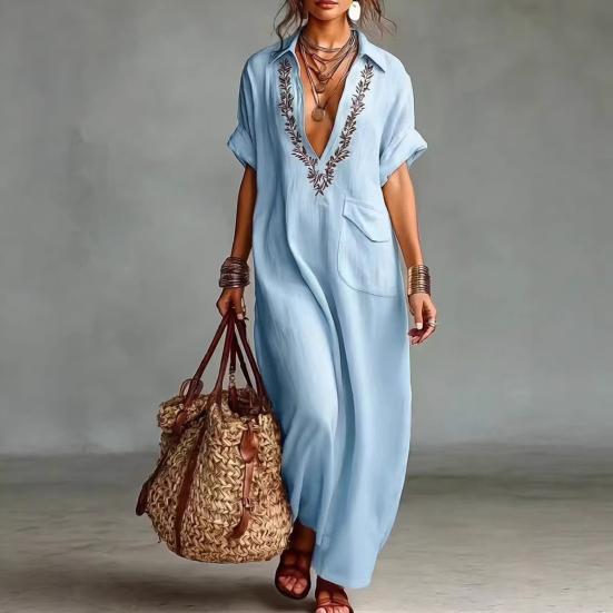 Sommer Baumwoll-Leinen Maxikleid für Damen Lässig V-Ausschnitt Kurzarm Fließendes Strand-Sonnenkleid Bestickte Tunika Langes Kleid mit Tasche