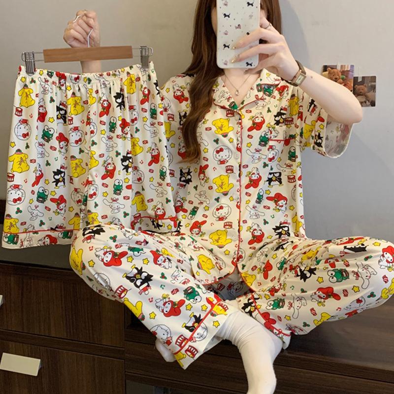

Women s Short-Sleeved Cat Plaid Pajama Set - Summer Blue Cotton-Look Three-Piece Lapel Cardigan Homewear M (80-100 lbs)