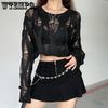 WTEMPO Hollow Out Pullovers Women Black Spring Autumn Sweater Casual Loose Korean Solid Knitwear Streetwear