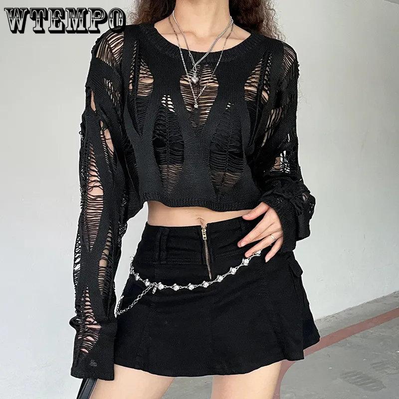 WTEMPO Hollow Out Pullovers Women Black Spring Autumn Sweater Casual Loose Korean Solid Knitwear Streetwear