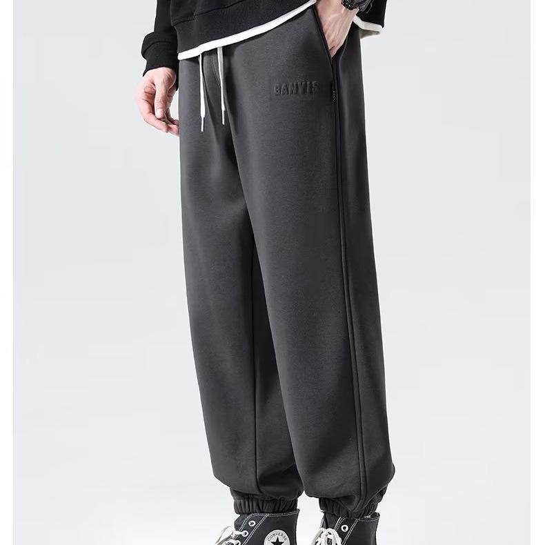 Men's Heavy Brown Velvet-Lined Sweatpants: Loose, Drawstring, Trendy, Large Size, Spring & Autumn Casual Sportswear.