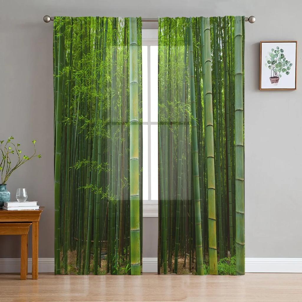 Bamboo Forest Green Sheer Curtains Living Room Window Tulle Curtains For Bedroom Kitchen Home Decoration Voile Drapes