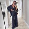 Women's Navy Blue V-Neck Belted Top with Wide Leg Pants Set