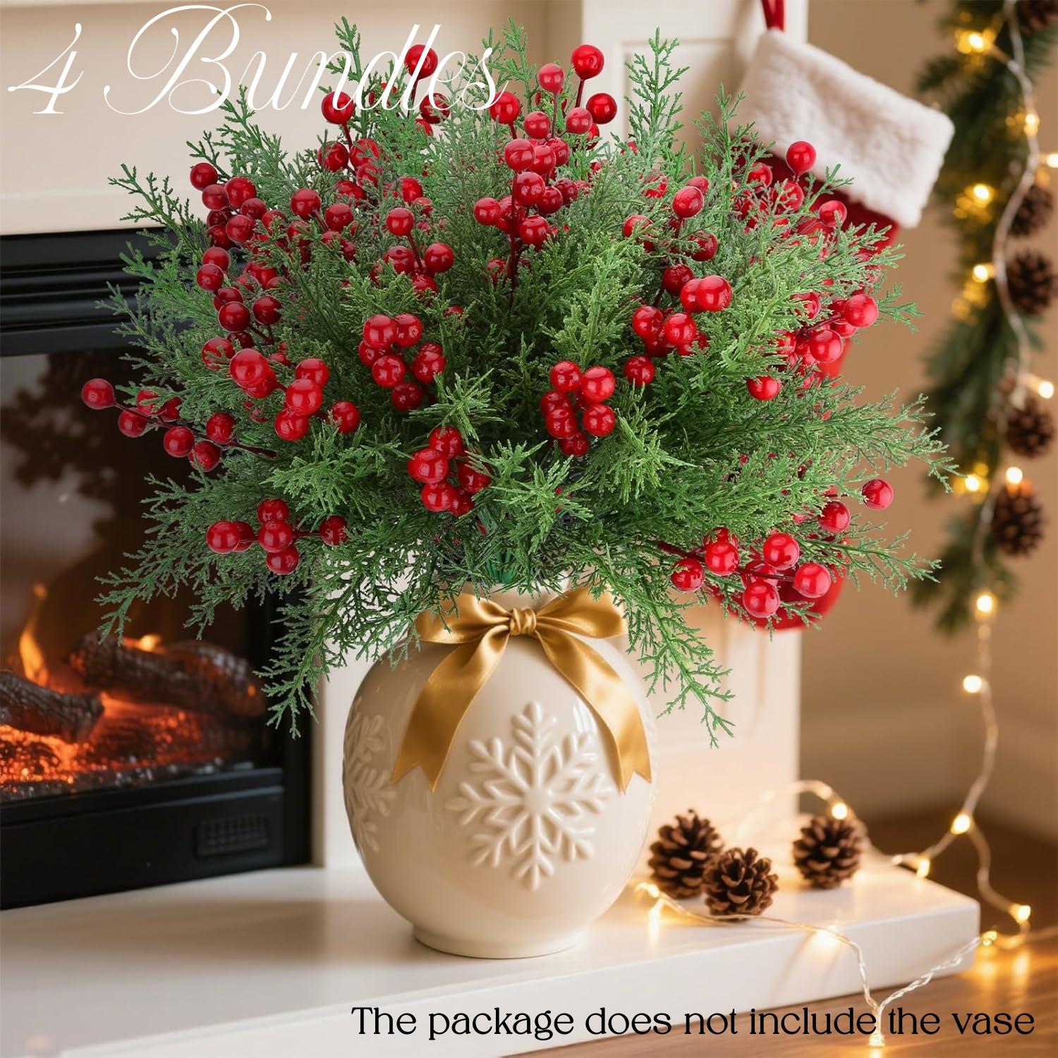 

4 пучки штучних різдвяних квітів зі стеблами червоних ягід, штучні гілки гірлянди з норфольської сосни, штучна різдвяна гірлянда для приміщення 14in(36cm)