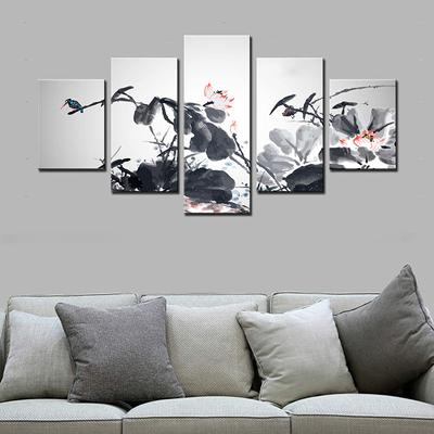 5 Stücke Familie Schwarz Weiß Lotus Landschaftsgemälde Chinesischen Stil Kunst Bilder Poster HD-Druck Kein Gestaltet 5 Panel Raumdekor Leinwand