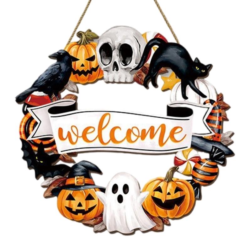  Halloween Decorations Welcome Sign Wooden Wreath Front Door Hanger Wooden Wreath