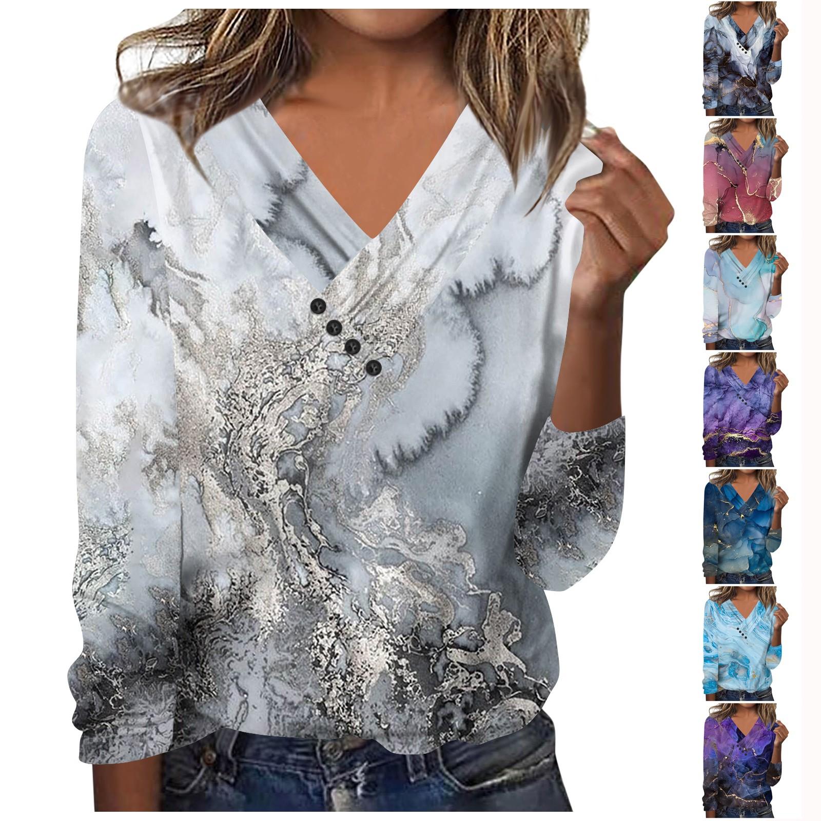 

Women s Fashion Casual V Neck Long Sleeve Shirt Loose Button Textured Print Casual T-Shirt Top