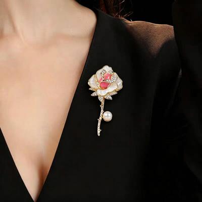 Brooch Pin Three-Dimensional Rose Shape Enamel Drip Technology Pin with Rhinestone Faux Pearl Inlay Suits Coats Dresses Badge