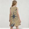 Girls Round Neck Sleeveless Printed Beige A Line Flared Dress