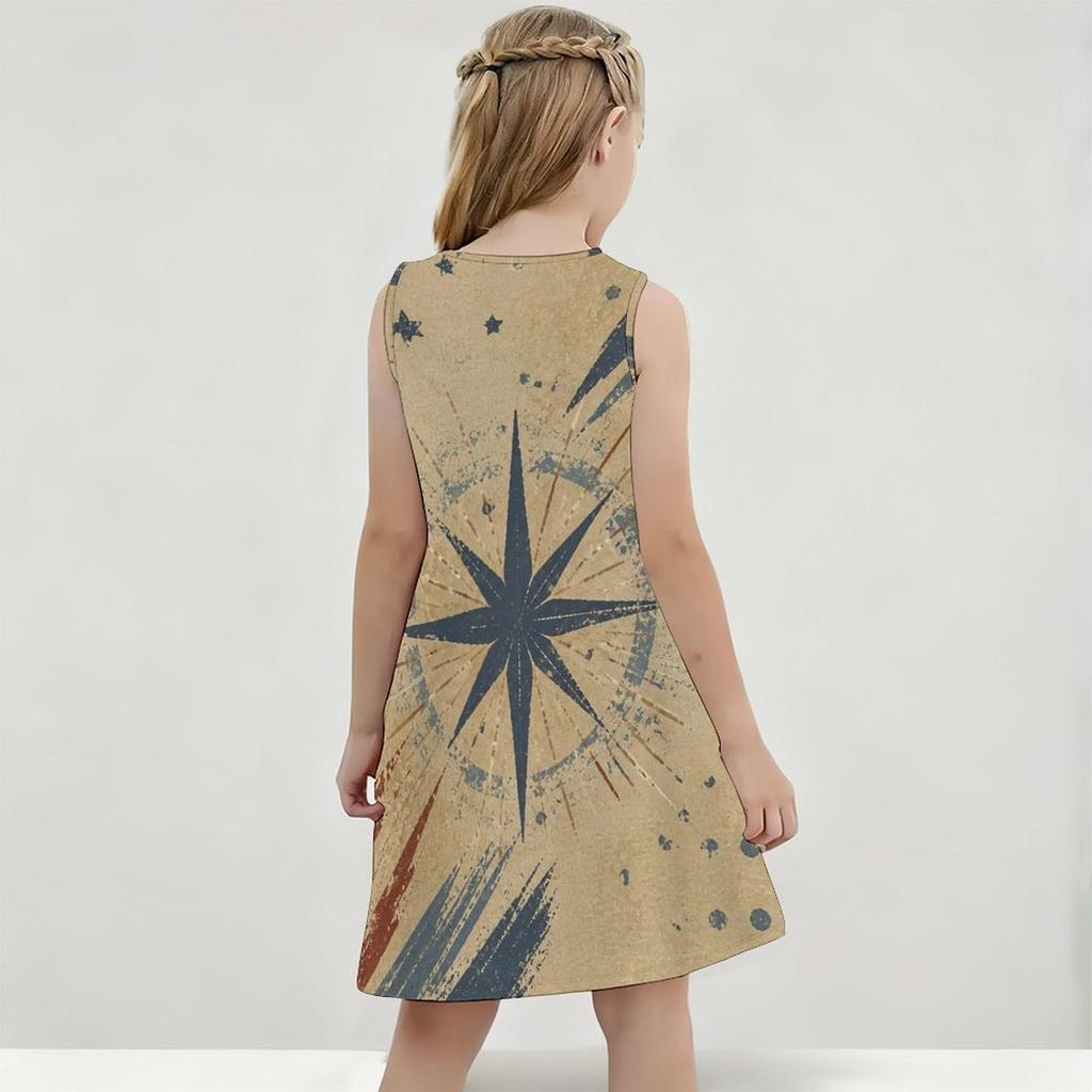 Girls Round Neck Sleeveless Printed Beige A Line Flared Dress