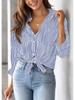 Women's Striped Long Sleeve Collared Button-Down Shirt with Pocket
