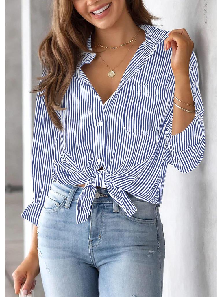 Women's Striped Long Sleeve Collared Button-Down Shirt with Pocket