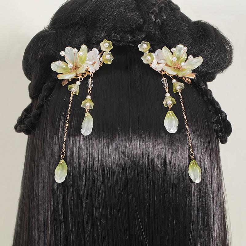 2 szt. Spinka do włosów w kwiaty Chińskie spinki do włosów Hanfu dla kobiet Perłowe frędzle Spinki do włosów Dziewczęce Vintage Ślubna biżuteria do włosów Biżuteria Prezenty