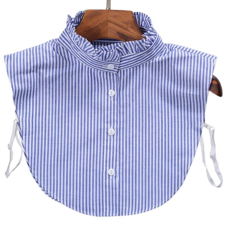 Minimalist Stripes Denim Women Detachable Lapel Fake Collar Cute Doll Ruffles Lace Splicing Button Down False Half Shirt Blouse