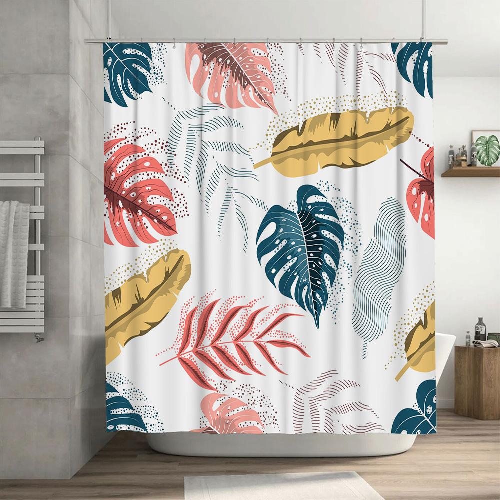 Patterned Shower Curtaincolorful Palm Leaves Feathers Decorative Waterproof Bathroom Fabric Curtains For Home Decoration Pink/Go