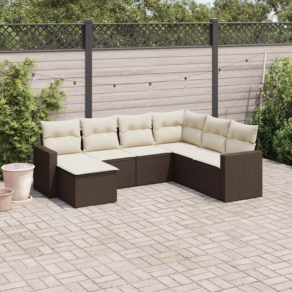 7 Piece Garden Sofa Set with Cushions Brown Poly Rattan