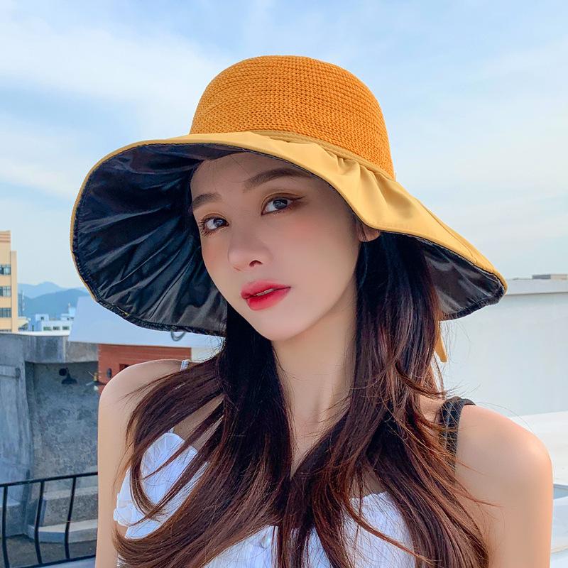 Vinyl bowknot sun hat - women s hollow-out straw hat - uv protection wide brim bucket hat Adjustable жёлтый
