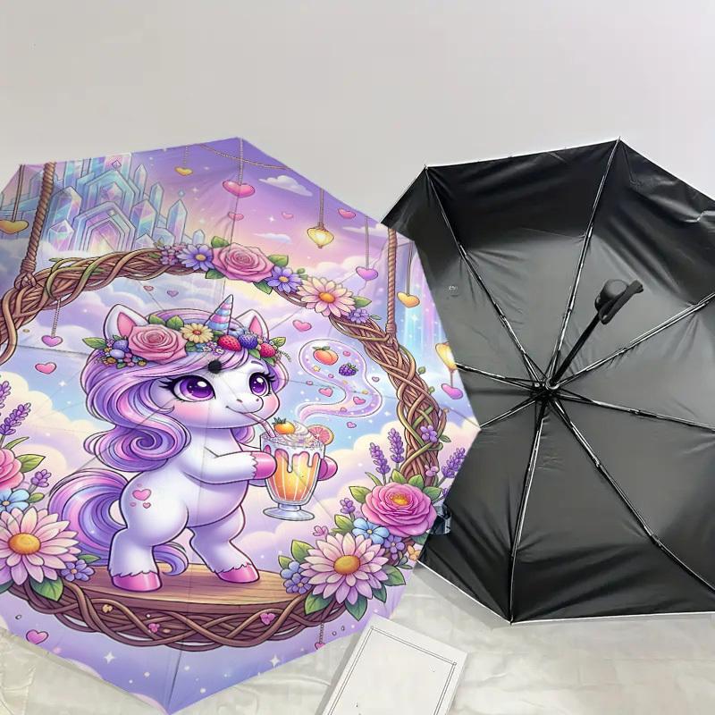 1PC Unicorn Flowers Umbrella-8-Rib Reinforced, Automatic Open, Lightweight & Durable, Fashion Accessory for Outdoor, H0337