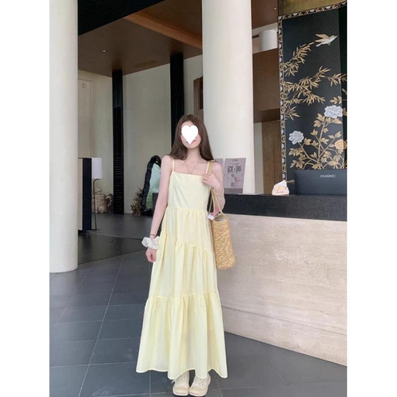 Summer temperament sweet vacation style fairy yellow suspender dress small man dopamine wear S