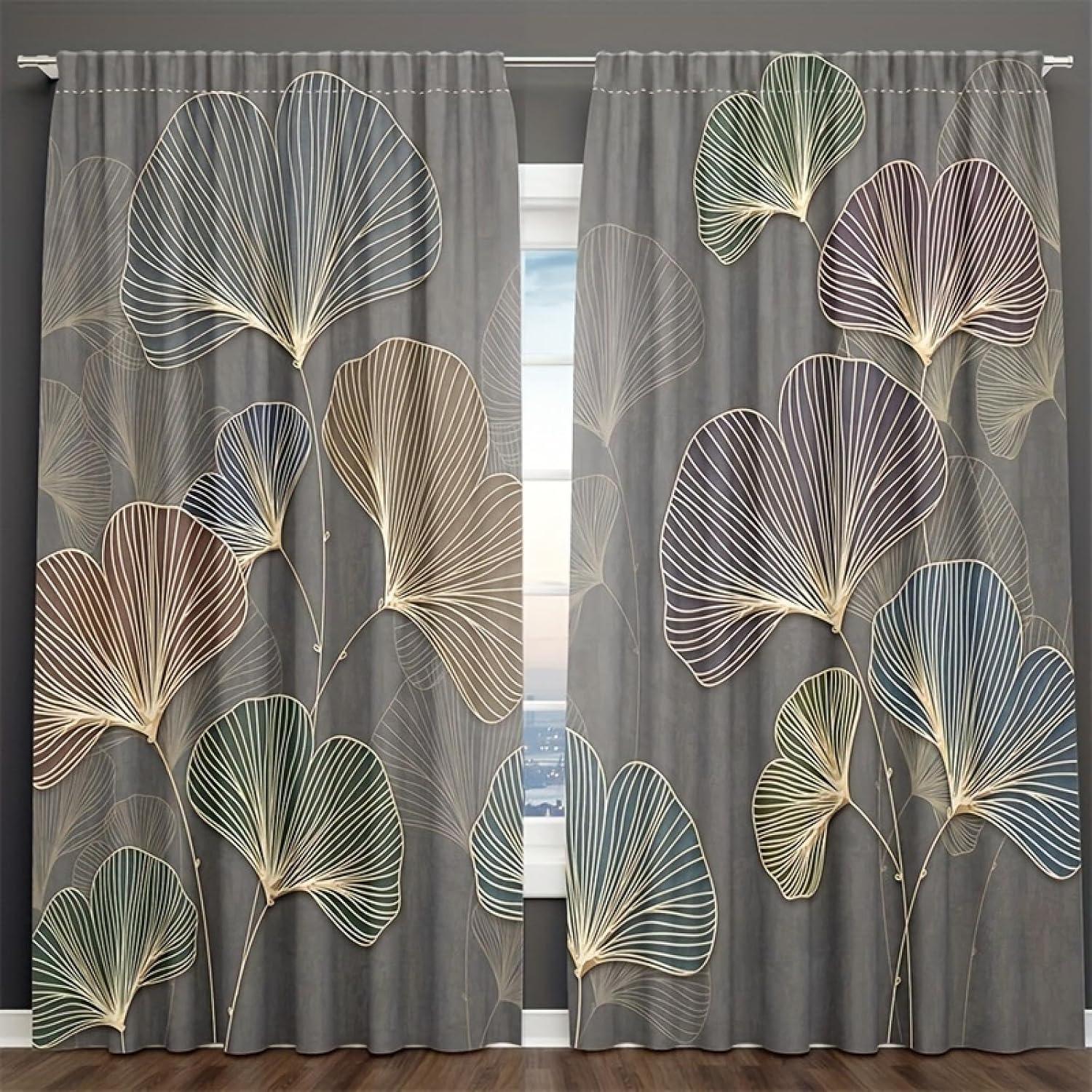 

2PCS 2D flat curtains, made of polyester material, featuring line fan leaf printing art design, suitable for bedrooms and home d 24x59in(60x150CM)x2&Rod Pocket