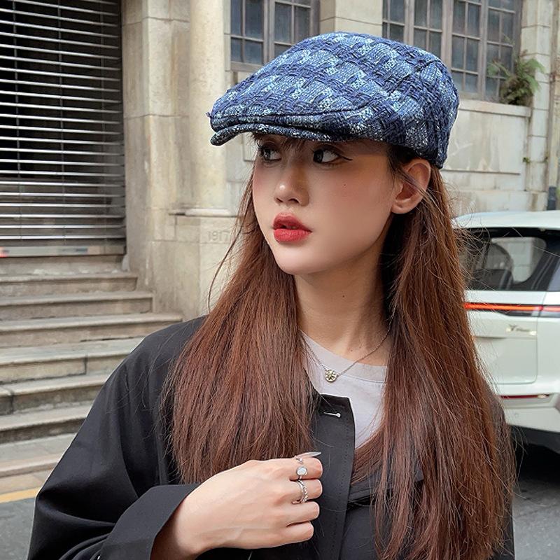 Washed Denim Forward Hat Women's Spring and Summer Retro Face Small Beret Wearing a Big Head Circumference Painter Hat