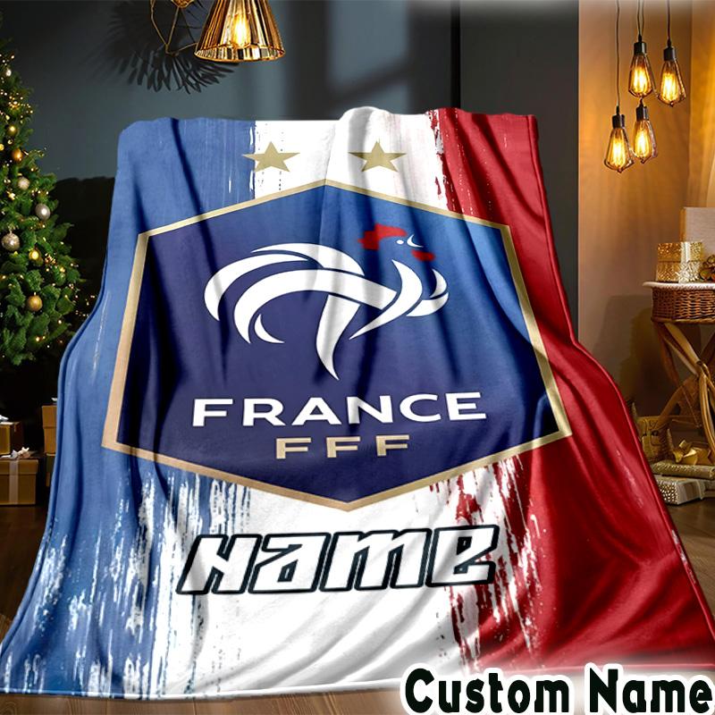 Custom Name France Football Crest Throws Blanket Flannel Blankets for Couch Bed Gifts for Men Women Picnic Blanket Christmas Fan Gifts