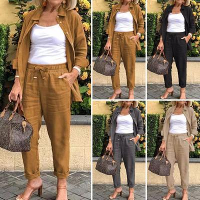 2 Pcs/Set Women Shirt Pants Set Loose Lapel Single-breasted Mid Length Long Sleeve Blouse High Waist Wide Leg Trousers Daily