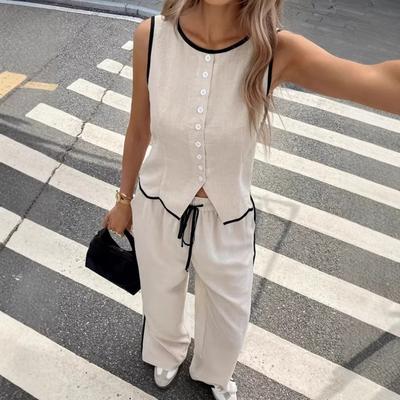 Women Summer 2 Piece Outfits Sleeveless Button Down Vest Wide Leg Pants Sets Casual Business Work Matching Set