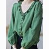 2025 Spring Plus Size Blue Top with Green Collar - Cotton Linen Long Sleeve Shirt for Women