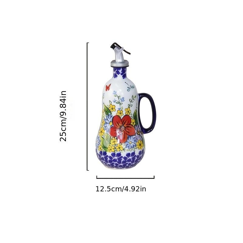 1pc Large Capacity Ceramic Oil Pot, Hand Painted Olive Oil Pump with Handle, Elegant Floral Design, Kitchen Accessories and Decoration for Home
